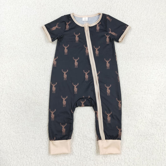 SR1896 Bamboo deer brown black zip-up short-sleeved onesie