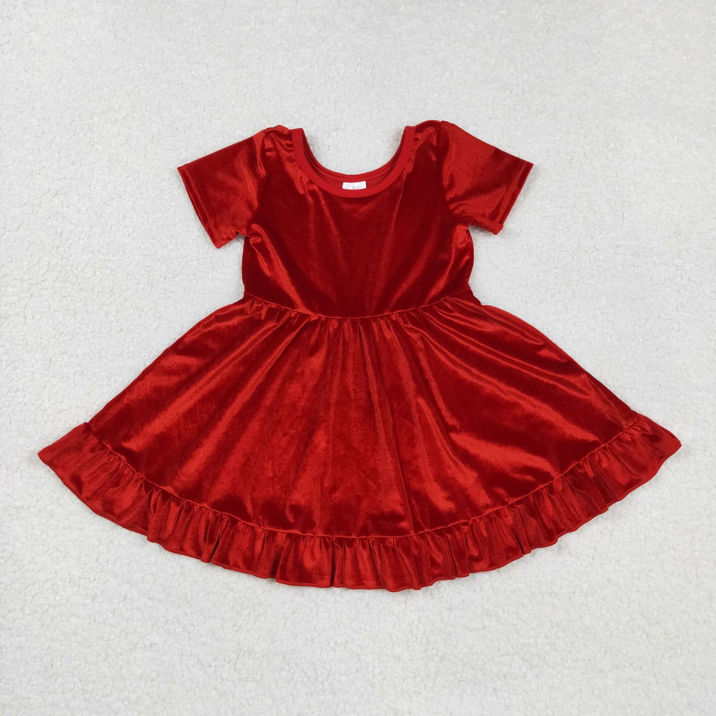 GSD2614 Baby Girls Short Sleeves Red Velvet Ruffle Knee Length Dress C8.25