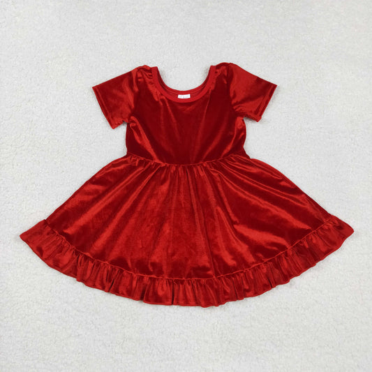 GSD2614 Baby Girls Short Sleeves Red Velvet Ruffle Knee Length Dress C8.25