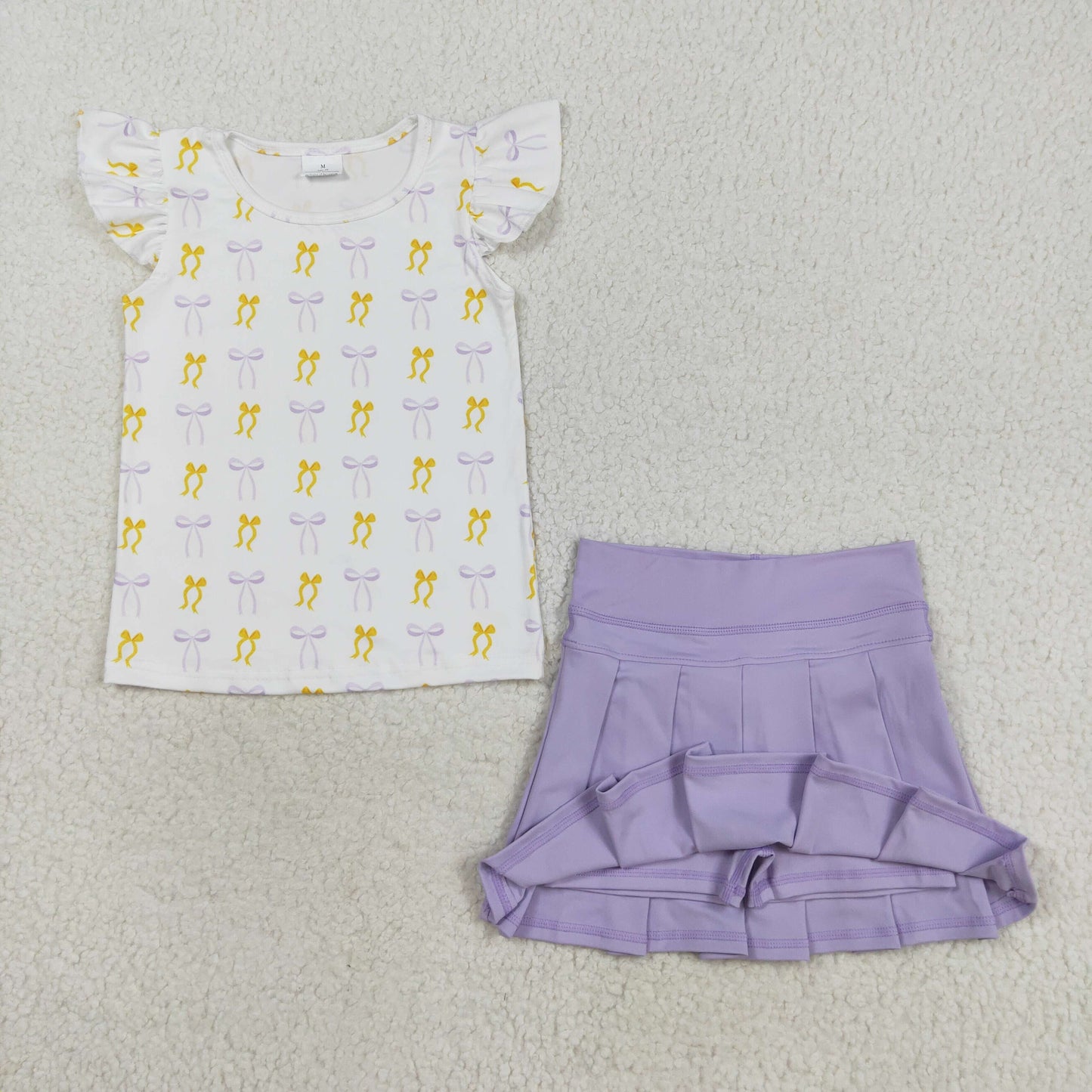 GT1147+GLK0085 Baby Girls Yellow Purple Bows Shirts Top Yoga Pleated Skorts Set C8.20