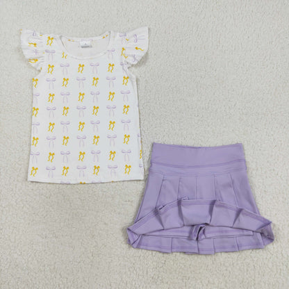 GT1147+GLK0085 Baby Girls Yellow Purple Bows Shirts Top Yoga Pleated Skorts Set C8.20