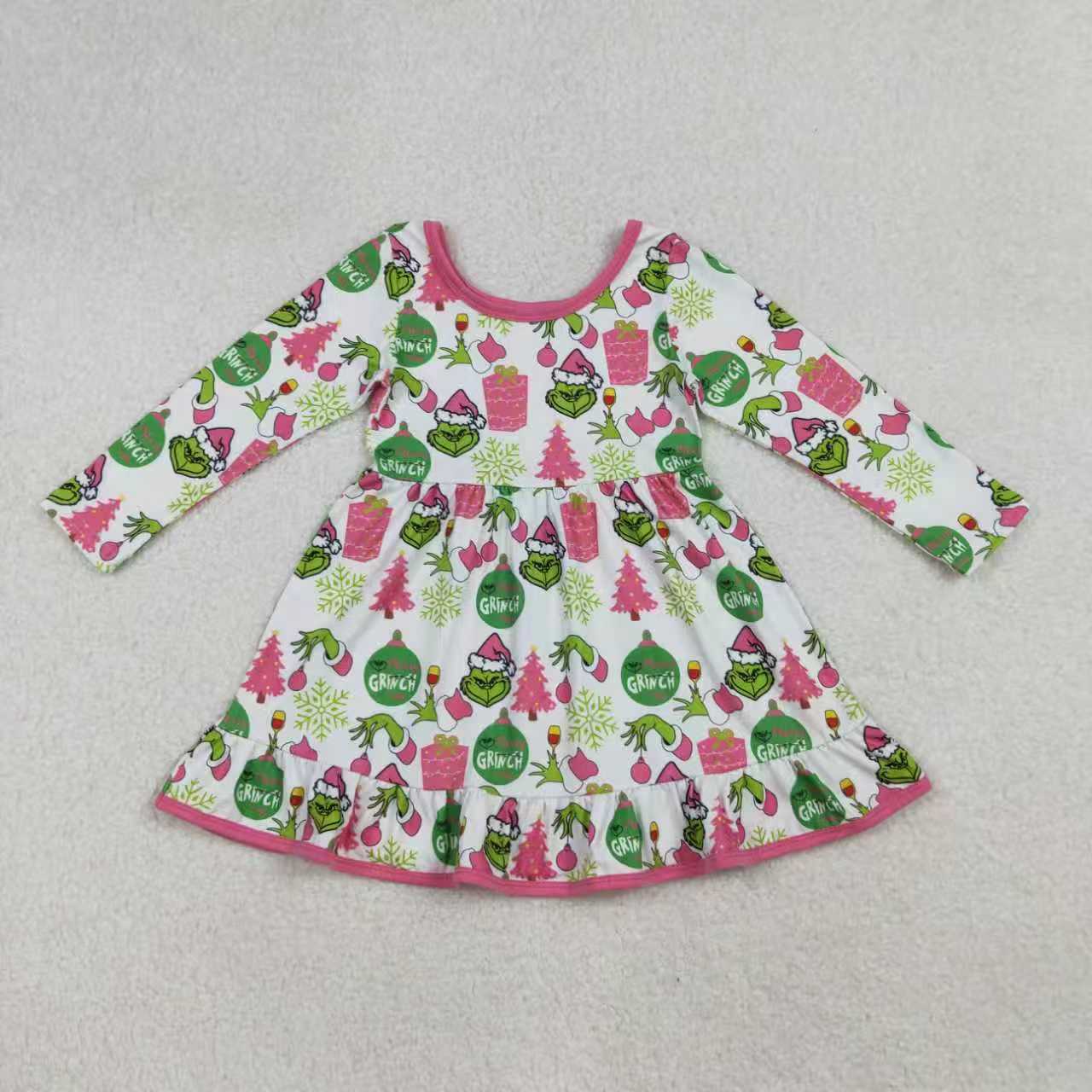 Sibling Baby Girls Green Faces Trees Lights Christmas Ruffle Knee Length Dress Pajamas Sets Footie Rompers C10.14