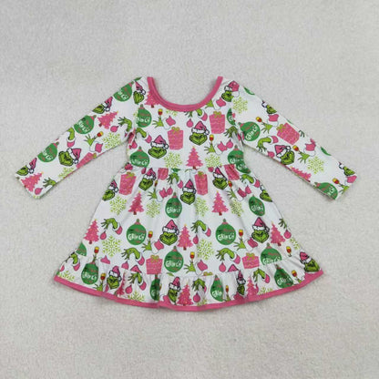 Sibling Baby Girls Green Faces Trees Lights Christmas Ruffle Knee Length Dress Pajamas Sets Footie Rompers C10.14