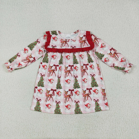 GLD1092 Baby Girls Plaid Long Ruffle Sleeves Santa Trees Knee Length Dress 6.26