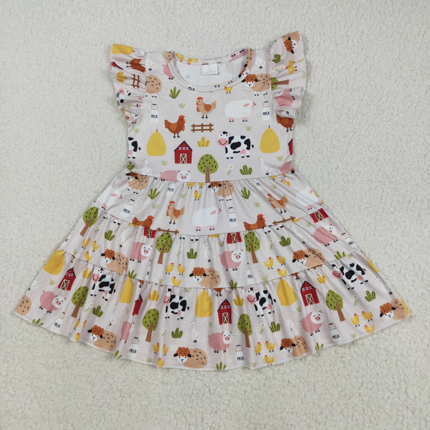 GSD2595 Baby Girls Flutter Sleeves Cows Chicks Farm Knee Length Dress 8.6