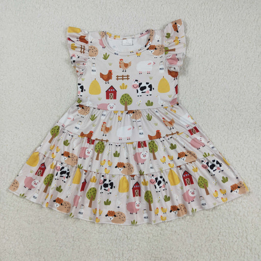 GSD2595 Baby Girls Flutter Sleeves Cows Chicks Farm Knee Length Dress 8.6