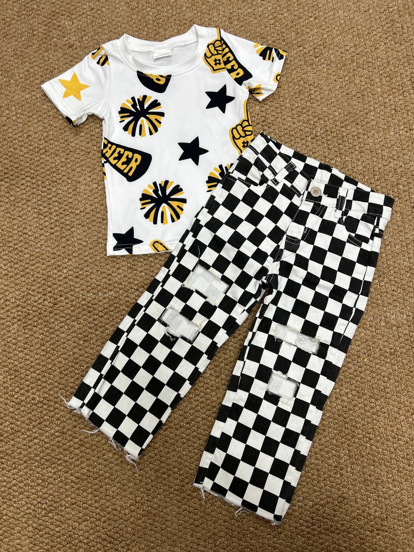 GT0939+P0122 Baby Kids Cheer Black Shirt Checkered Denim Pants Clothes Set 7.28