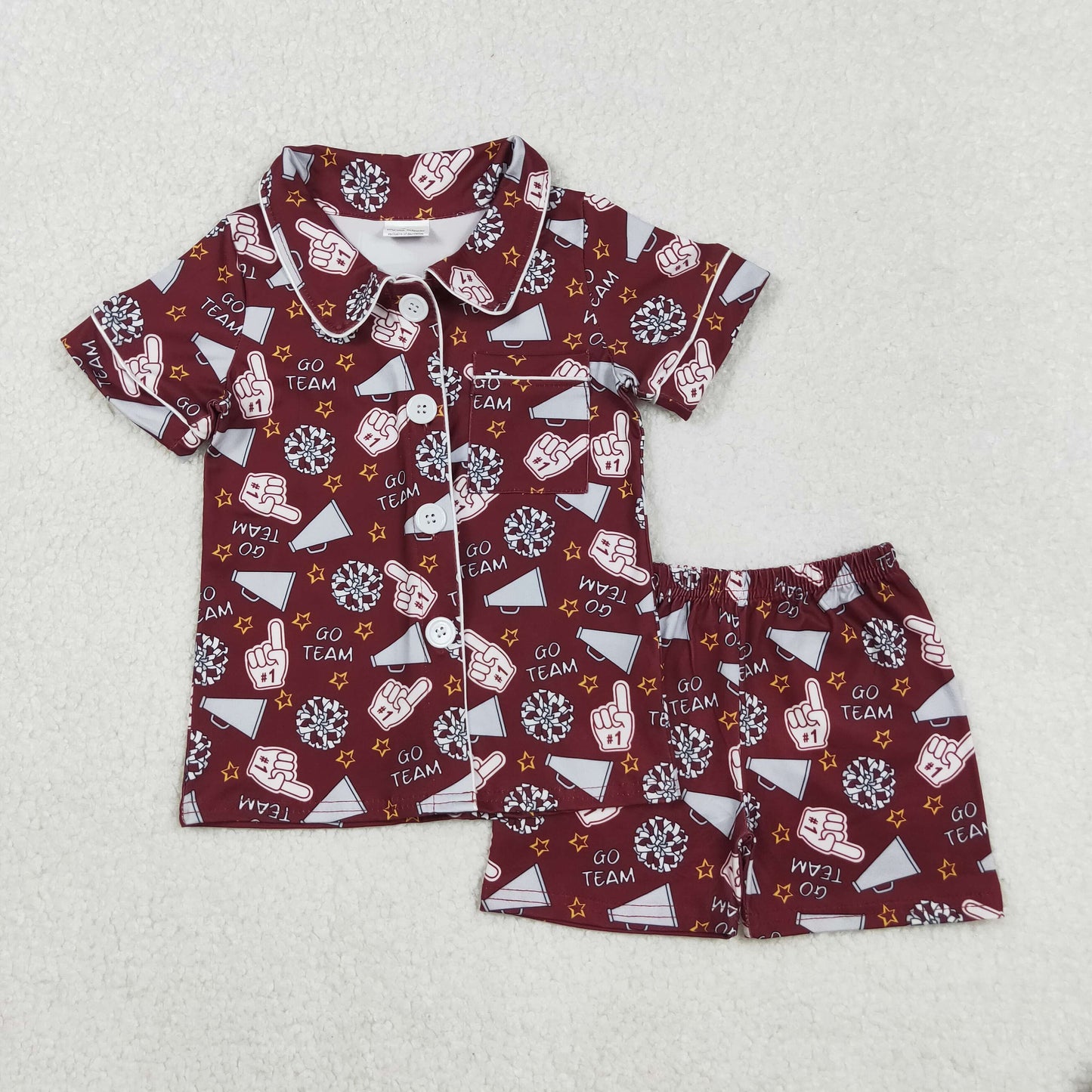 GSSO2678 Baby Girls Dark Red Shot Sleeves Team Cheer Button Top Short Pajamas Set C8.27