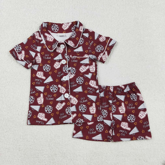GSSO2678 Baby Girls Dark Red Shot Sleeves Team Cheer Button Top Short Pajamas Set C8.27