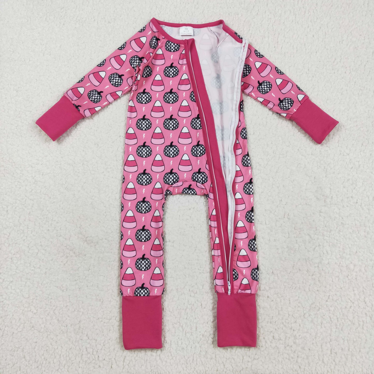 LR2467 Baby Girls Long Sleeves Plaid Pumpkins Candy Zipper Pant Romper C8.21