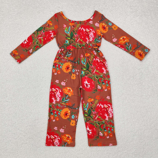 LR1834 Baby Girls Brown Red Flowers Long Sleeve Fall Jumpsuit