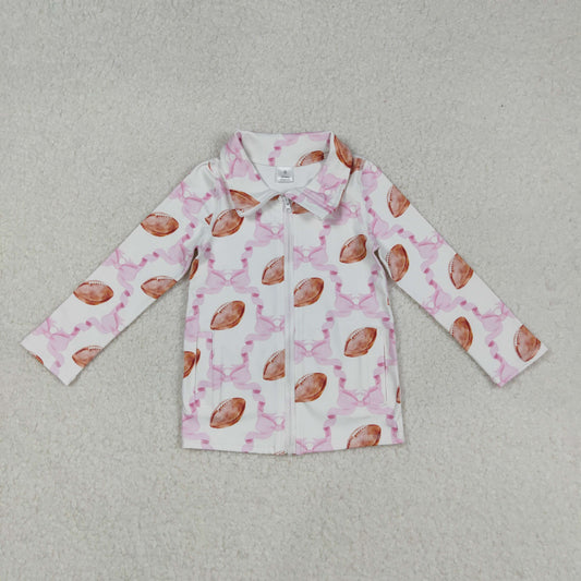 GT1088 Baby Girls Long Sleeves Pink Bows Footballs Plaid Zipper Pockets Yoga Jacket Top C9.5