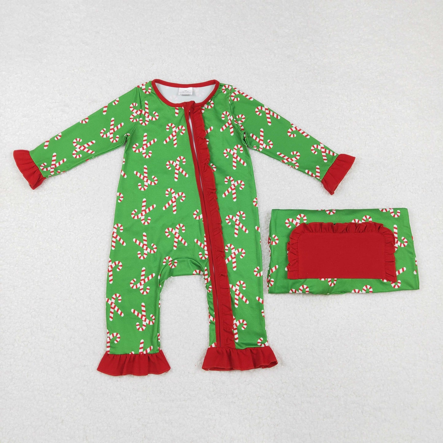 LR1236 Baby Infant Girls Christmas Candy Cane Long Sleeve Zip Romper