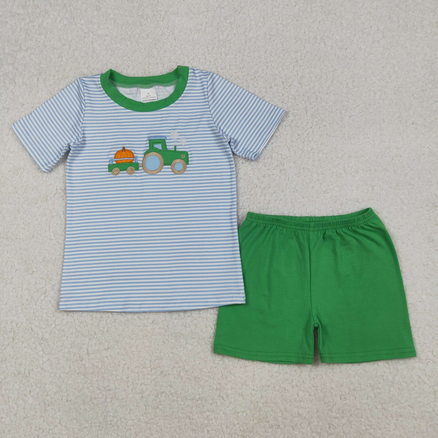 BSSO1549 Embroidery Baby Boys Blue Stripe Truck Pumpkin Top Shorts Fall Clothes Set C9.22