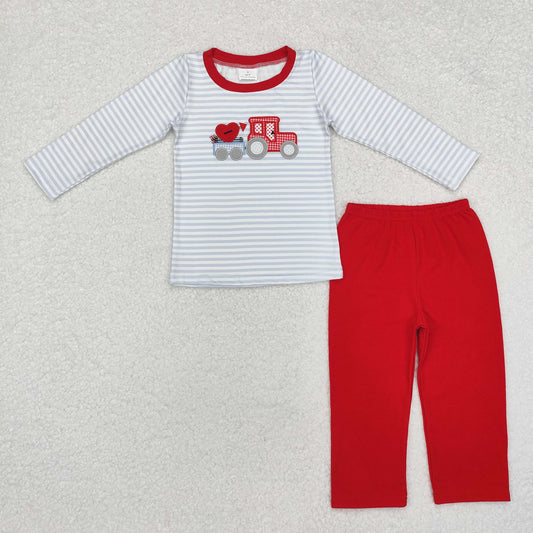 BLP0932 Baby Boys Valentines Embroidery Grey Stripes Hearts Top Pants Clothes Set