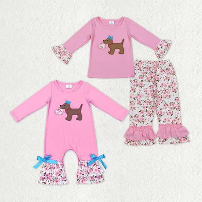 Sibling Baby Girls Embroidery Floral Heart Dogs Ruffle Pant Valentines Clothes Sets Footie Rompers C11.29