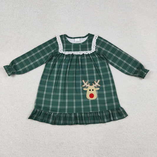 GLD0561 Embroidery Deer Baby Girls Green Checkered Christmas Knee Length Dress C9.29