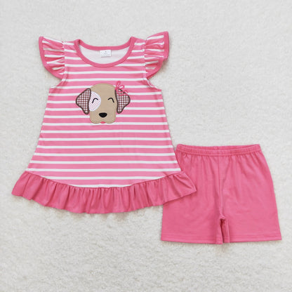 Sibling Baby Girls Stripes Bows Dog Tunic Top Ruffle Shorts Clothes Sets 5.20