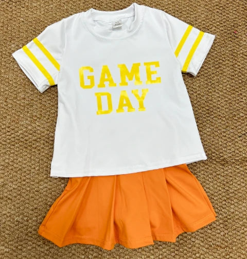 GT1115+GLK0109 Baby Girls Vinyl Yellow Game Day Top Orange Pleated Skorts Yoga Active Team Set C8.23