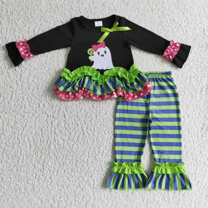 Sibling Baby Girls Green Stripe Embroidery Ghost Tunic Ruffle Pants Halloween Clothes Sets Rompers C9.18