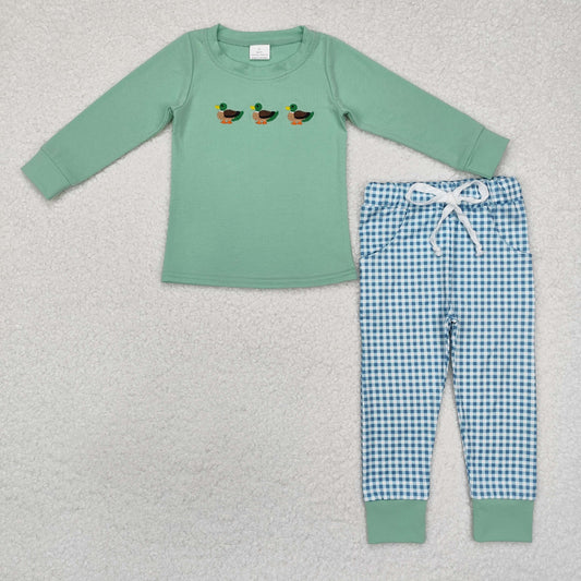 BLP1021 Baby Boys Green Ducks Tee Shirts Top Checkered Pants Clothes Set