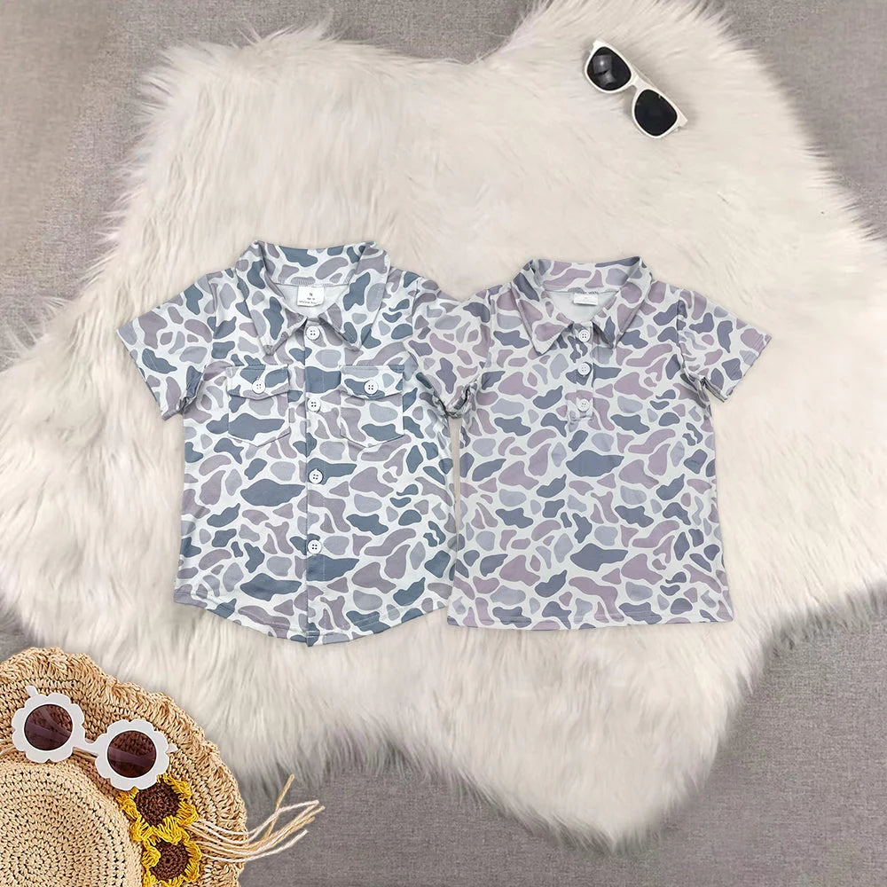 Sibling Baby Boys Gray Camo Short Sleeves Button Pockets Shirts Pullovers Tops 5.20