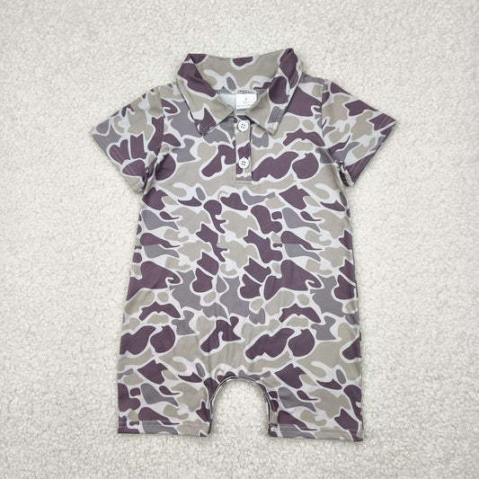 SR2977 Baby Infant Boys Short Sleeves Dark Gray Camo Button Romper