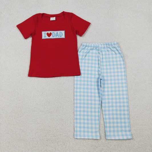 BSPO0589 Embroidery Baby Boys I Love Dad Top Blue Checked Pants Clothes Set C10.20