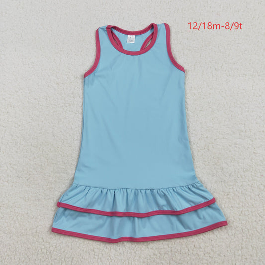 GSD2631 Baby Girls Blue Sleeveless Ruffle Yoga Knee Length Dress 7.14