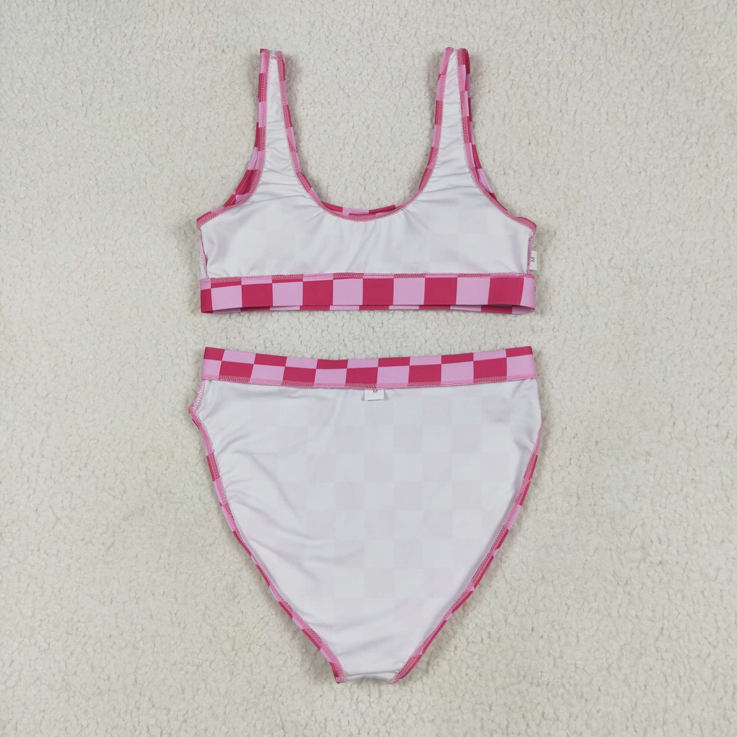 S0555 Adult Women Hot Pink Plaid Vest Top Bottom Swimsuits Set 6.13