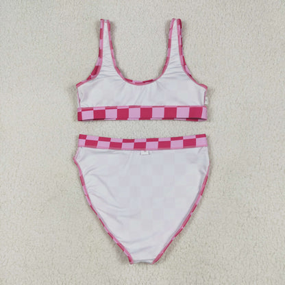 S0555 Adult Women Hot Pink Plaid Vest Top Bottom Swimsuits Set 6.13