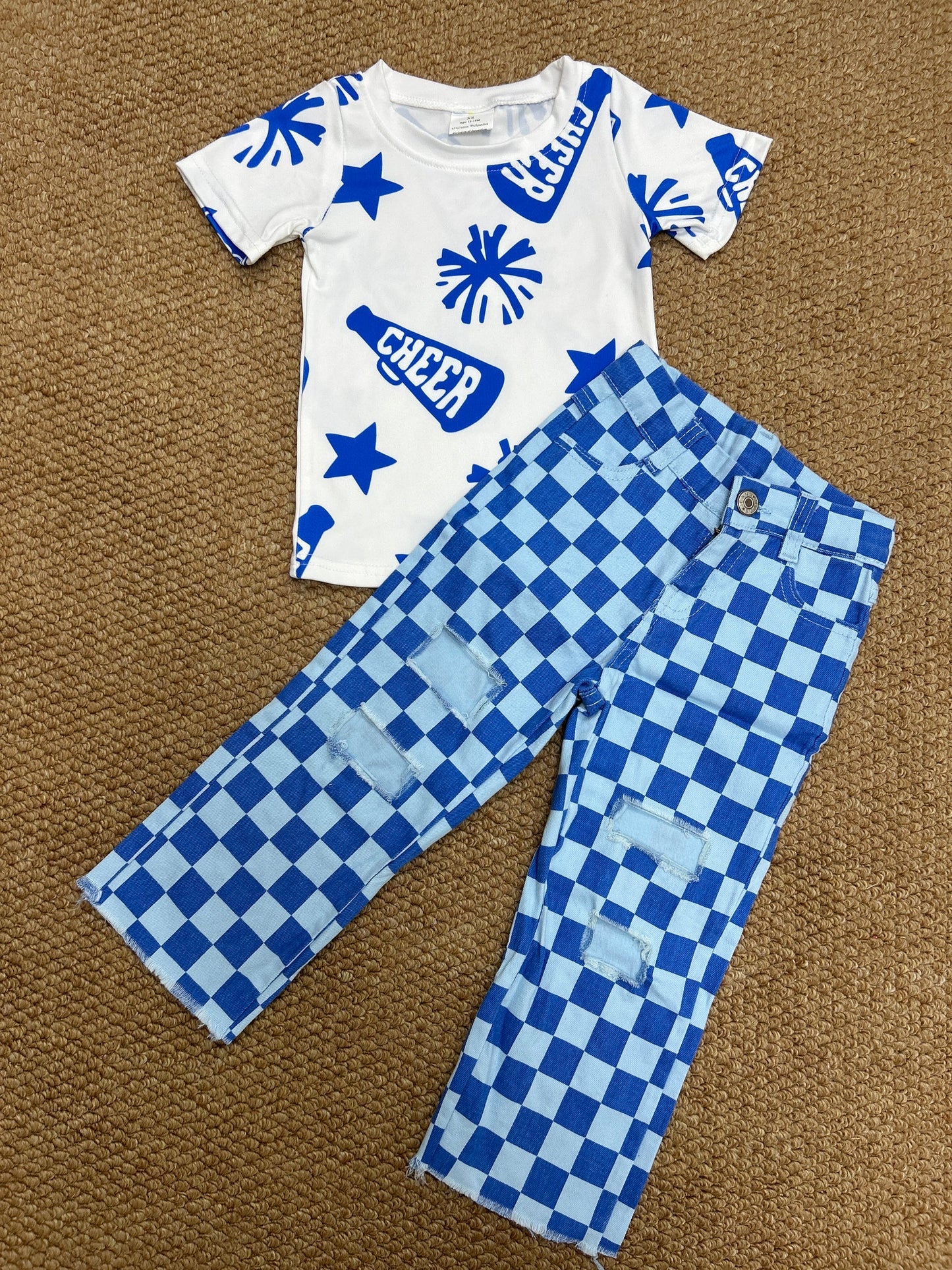 GT0941+P0097 Baby Kids Cheer Blue Shirt Checkered Denim Pants Clothes Set 7.28