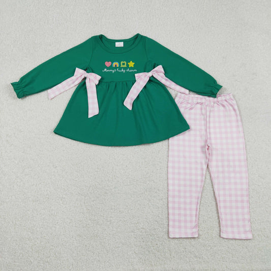 GLP3066 Embroidery Clovers Bows Baby Girls Tunic Checked Leggings St Patrick Clothes Set C12.15
