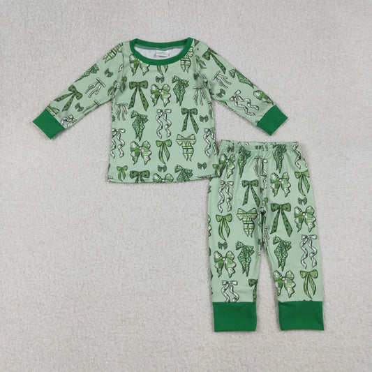 GLP2840 Baby Girls Green Clovers Bows Top Pants St Patrick Pajamas Sets C9.29