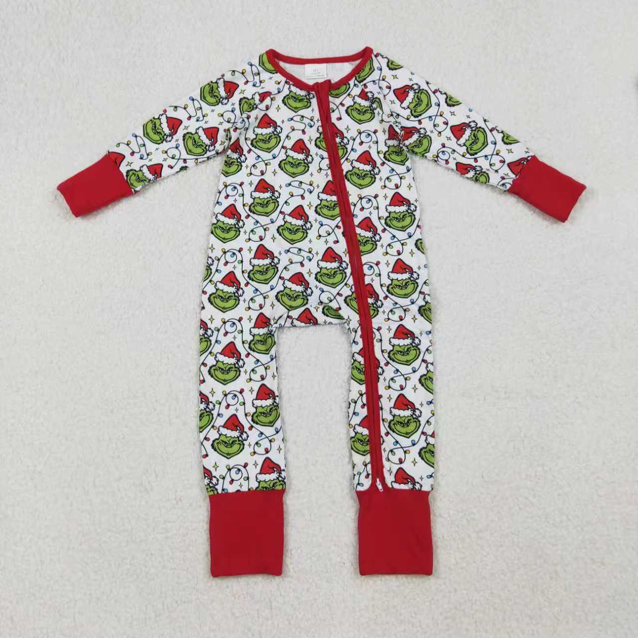 Sibling Baby Boys Green Faces Lights Christmas Pajamas Sets Zipper Footie Rompers Blankets C10.8