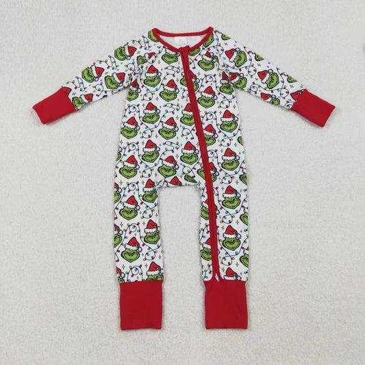 Sibling Baby Boys Green Faces Lights Christmas Pajamas Sets Zipper Footie Rompers Blankets C10.8