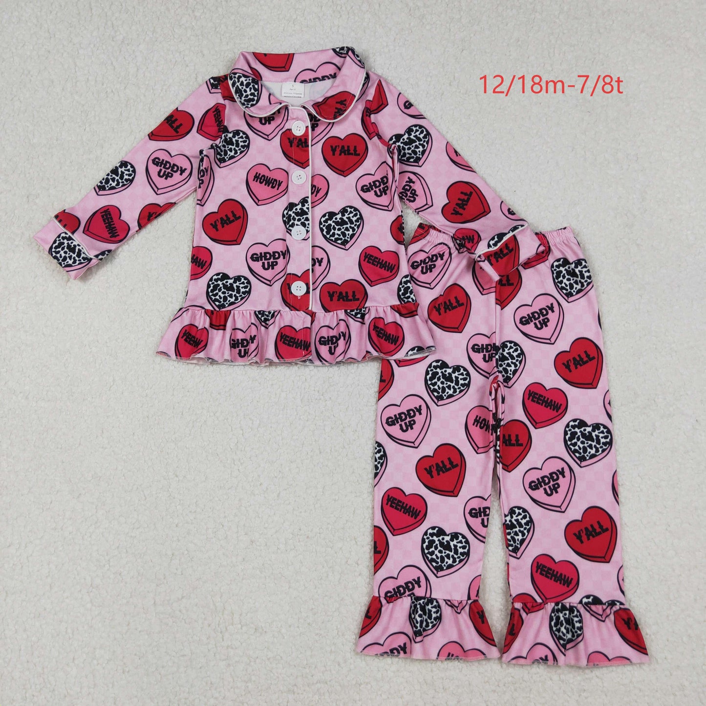 GLP2843 Baby Girls Pink Checked Hearts Button Top Pants Valentine Pajamas Set C10.8