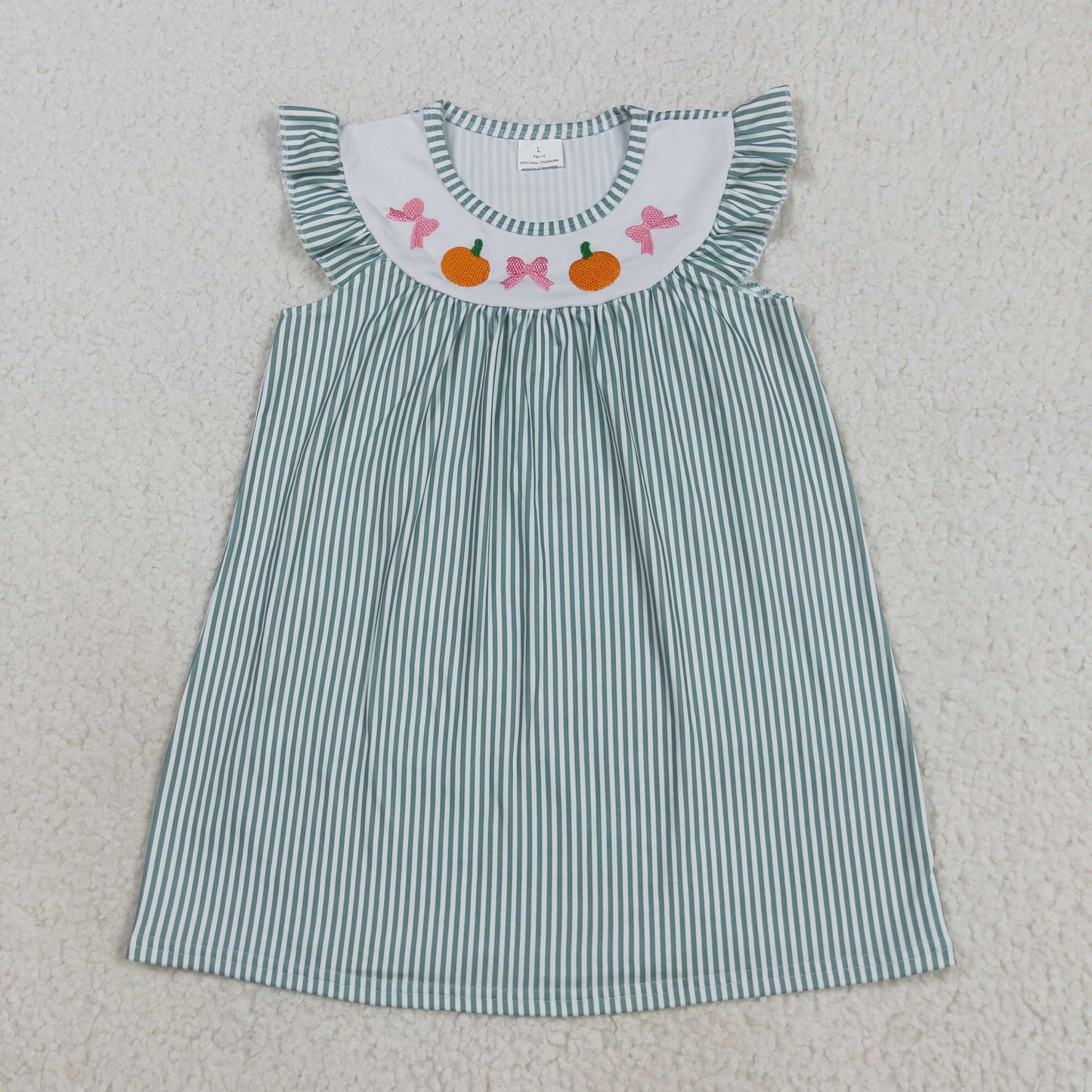 GSD2746 Embroidery Baby Girls Green Stripe Bows Pumpkins Fall Knee Length Dress 8.12