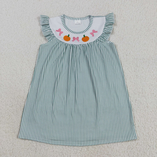 GSD2746 Embroidery Baby Girls Green Stripe Bows Pumpkins Fall Knee Length Dress 8.12