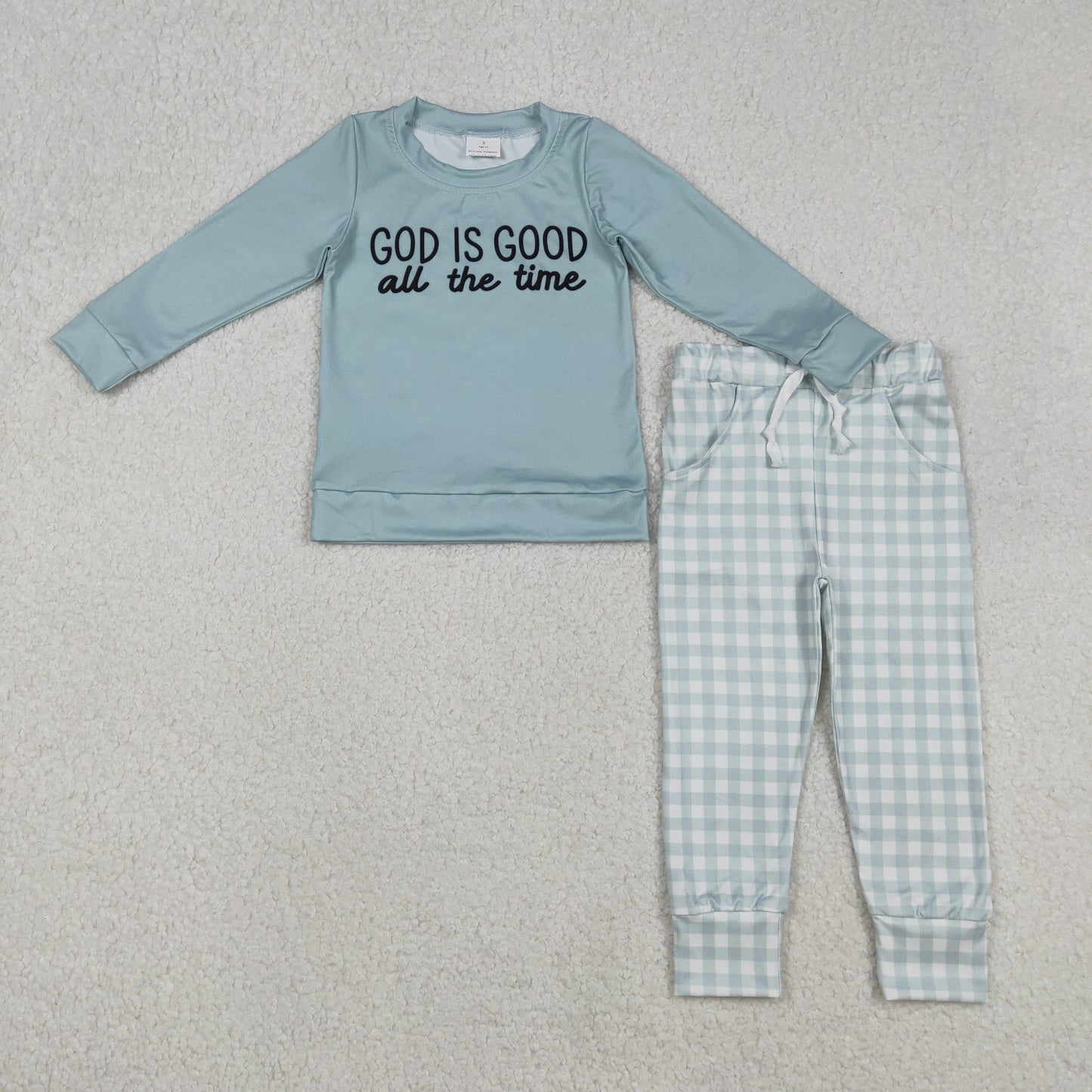 BLP1345 Baby Boys God Is Good Top Checked Pockets Jogger Pants Clothes Set C12.8