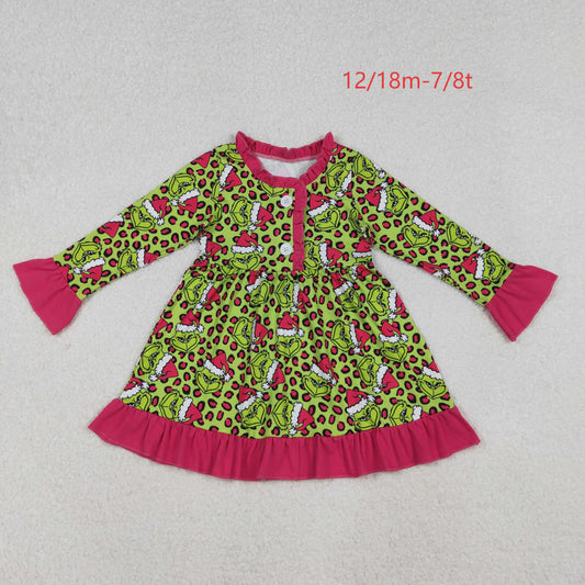 GLD1254 Baby Girls Green Leopard Grin Christmas Button Ruffle Knee Length Dress C10.16