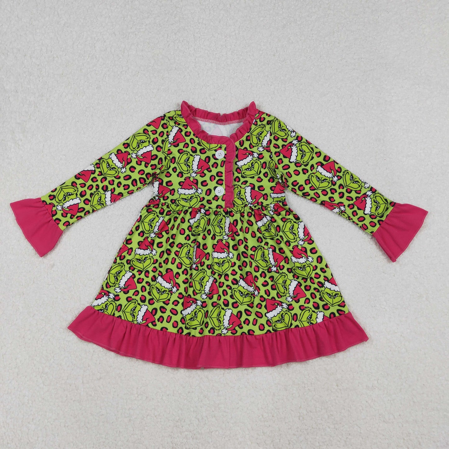 GLD1254 Baby Girls Green Leopard Grin Christmas Button Ruffle Knee Length Dress C10.16