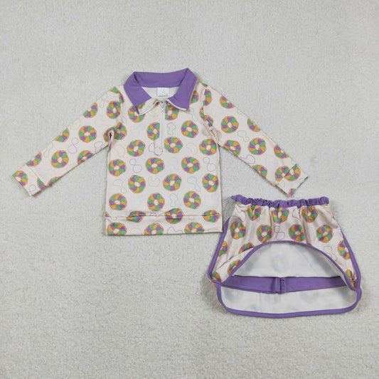 GLD1332 Baby Girls Donuts Checked Zipper Pullover Ruffle Skorts Mardigras Clothes Set C11.24