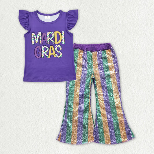 GT0814+P0277 Baby Girls Mardi Gras Top Green Stripes Sequin Pants Clothes Set