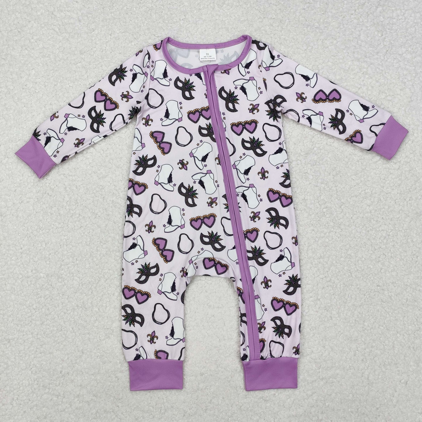 LR2038 Baby Infant Girls Pink Mardi Gras Zip Long Sleeve Romper