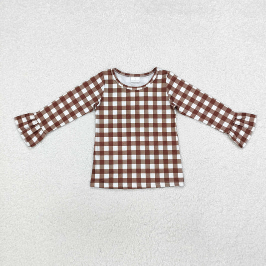 GT0738 Baby Girls Brown Checkered Long Sleeve Tee Shirts Tops