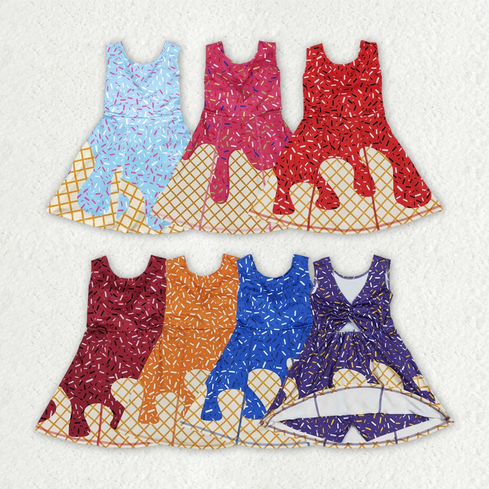 7 Colors Sibling Baby Girls Ice-cream Drip Sprinkles Yoga Skort Knee Length Dresses 7.31
