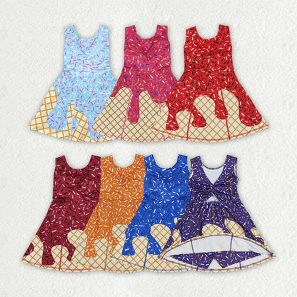 7 Colors Sibling Baby Girls Ice-cream Drip Sprinkles Yoga Skort Knee Length Dresses 7.31
