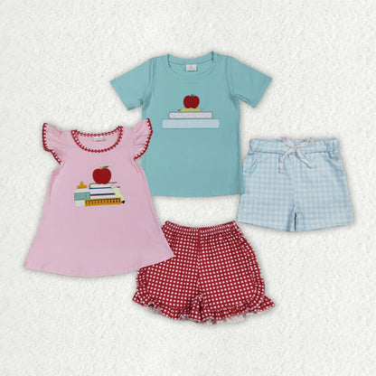 Sibling Embroidery Baby Girls Boys Apple Back To School Books Outfits Sets 6.14