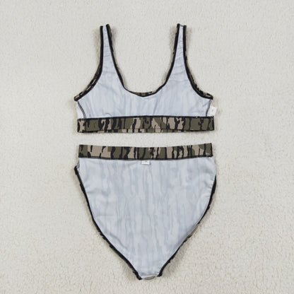 S0562 Adult Women Green Camo Top Bottom Swimsuits Set